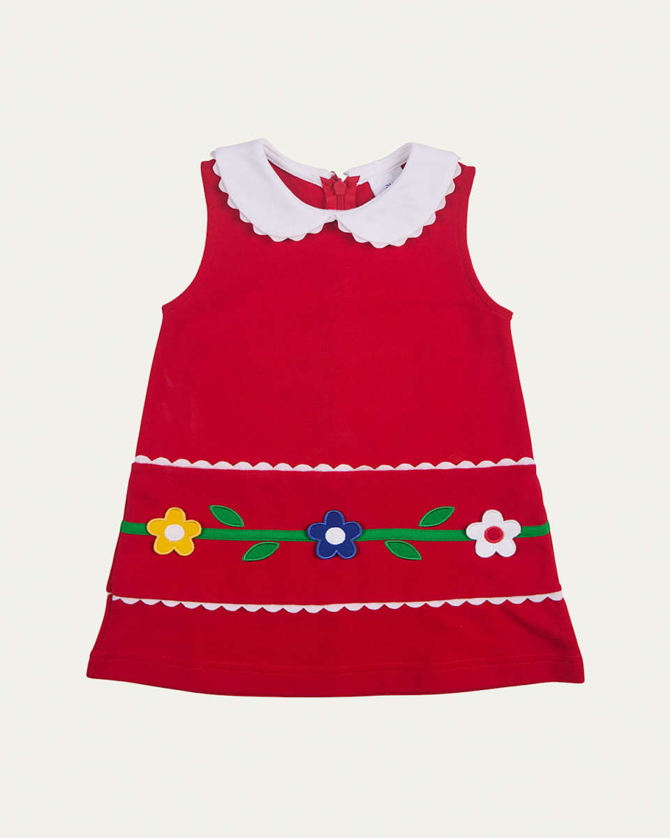 Girl's Pique Knit Dress W/ Flowers, Size 2-6